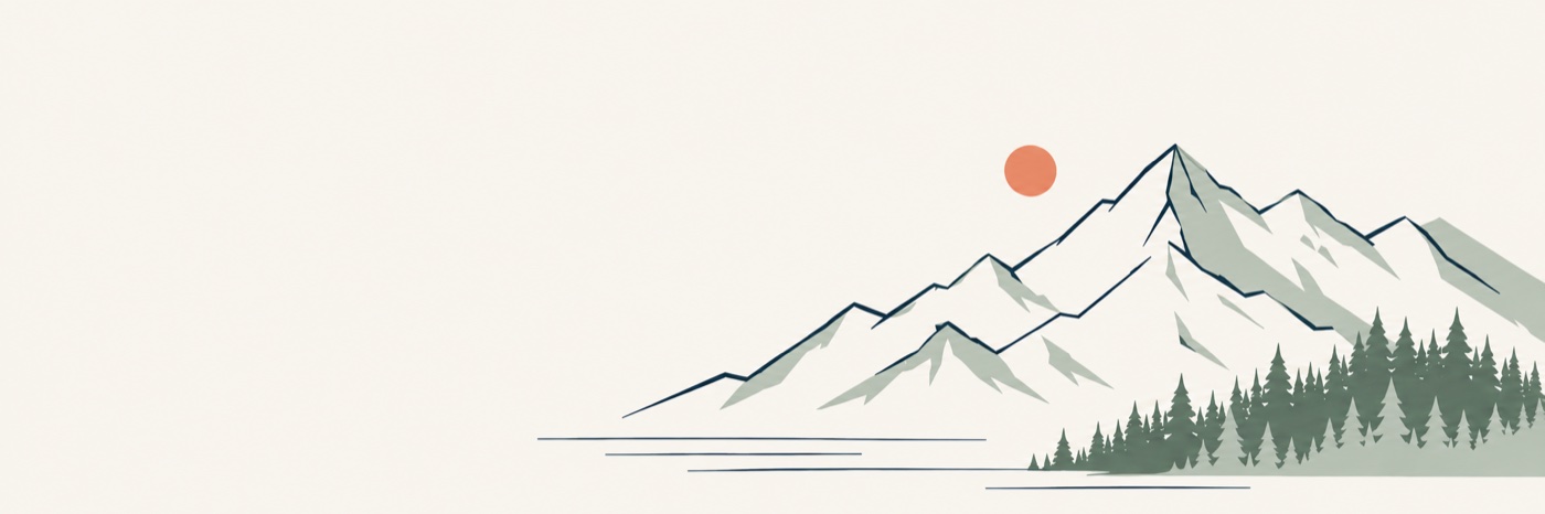 Light sage mountain ridges, evergreen trees, and coral sun in the Fourteener Labs palette