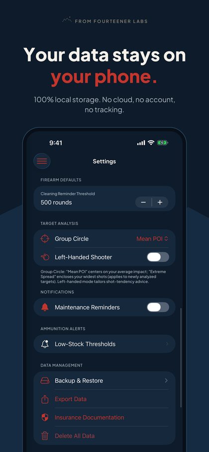 Range Stats app: settings — 100% local storage, no cloud, no account