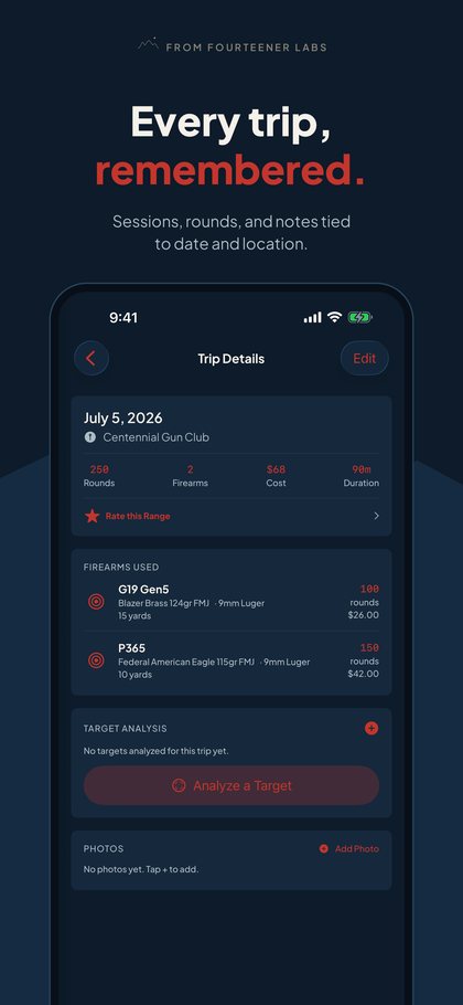 Range Stats trip details — every trip remembered with rounds and notes